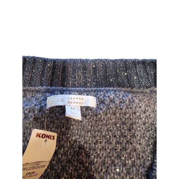 LC Lauren Conrad Womens Sz M V NEck Cardigan Sweater Blue Metallic Weave NEW - Picture 4 of 6